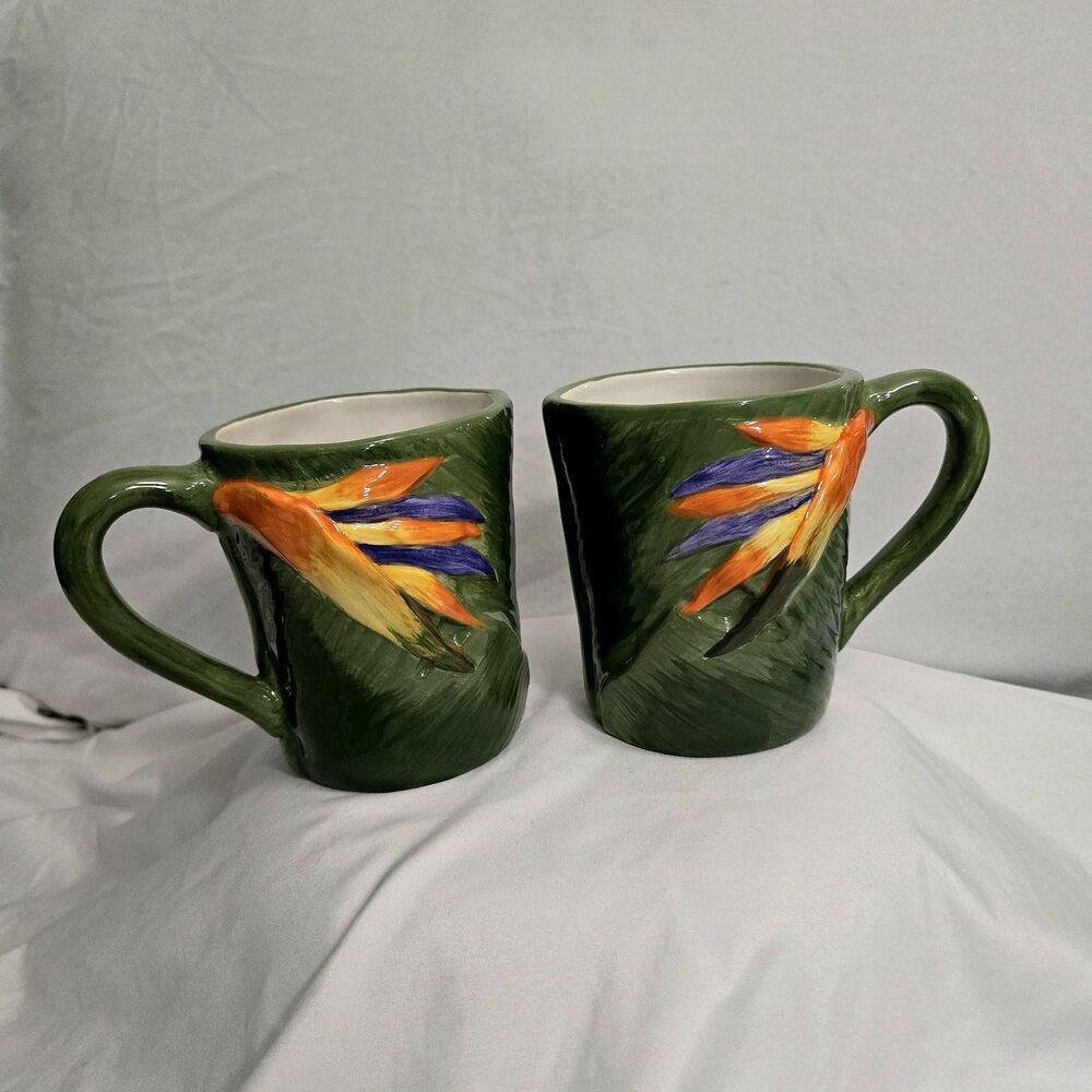 Coventry Rainforest Mugs LOT Of 2 Bird Of Paradise Hand Painted 3D Embossed RARE